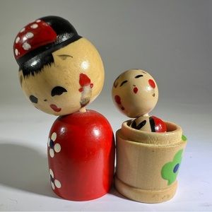 Nesting Japanese Kokeshi Wooden Bobble Head Doll